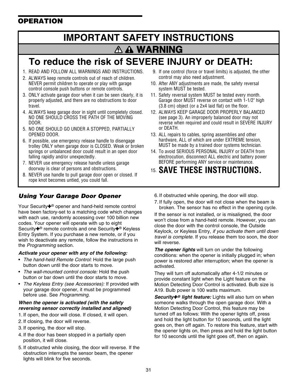 Operation, Using your garage door opener, Save these instructions | Chamberlain 248754 User Manual | Page 31 / 44