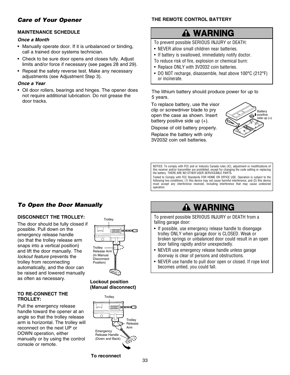 Care of your opener, The remote control battery, To open the door manually | Disconnect the trolley, To re-connect thetrolley | Chamberlain 248754 User Manual | Page 33 / 44