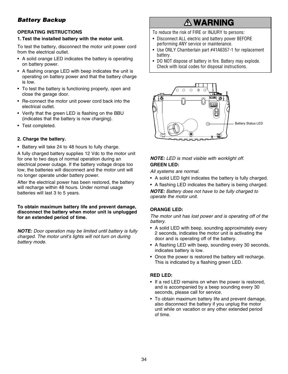 Battery backup | Chamberlain 248754 User Manual | Page 34 / 44