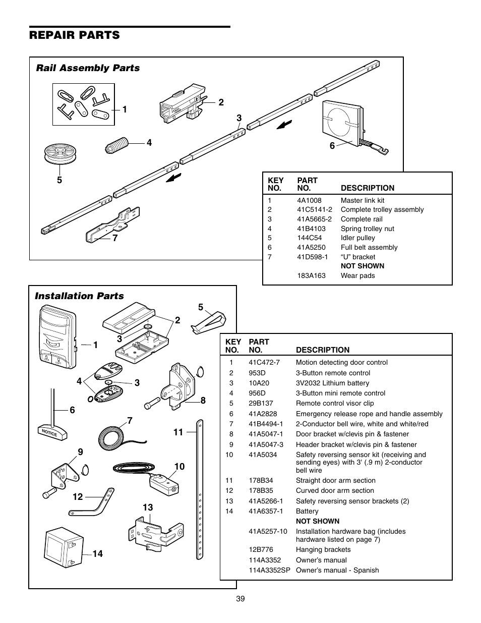 Repair parts, Rail assembly parts, Installation parts | Chamberlain 248754 User Manual | Page 39 / 44