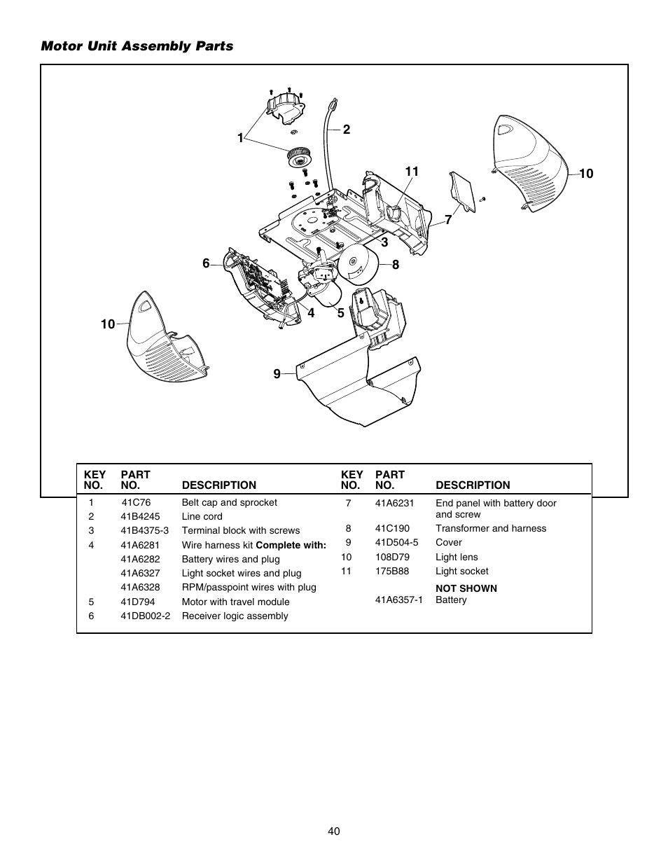 Motor unit assembly parts | Chamberlain 248754 User Manual | Page 40 / 44