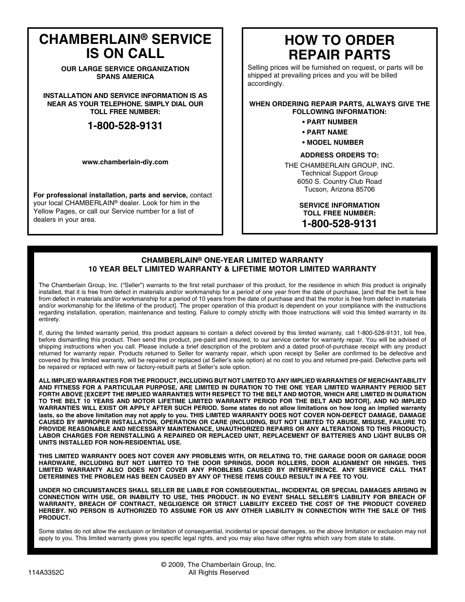 Technical support, Warranty, How to order repair parts | Chamberlain, Service is on call | Chamberlain 248754 User Manual | Page 44 / 44