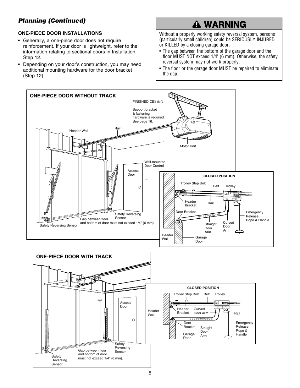 Planning (continued), One-piece door without track | Chamberlain 248754 User Manual | Page 5 / 44