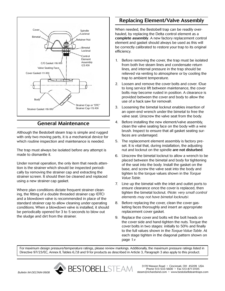 Replacing element/valve assembly, General maintenance | Bestobell Steam TS22 Series User Manual | Page 4 / 4