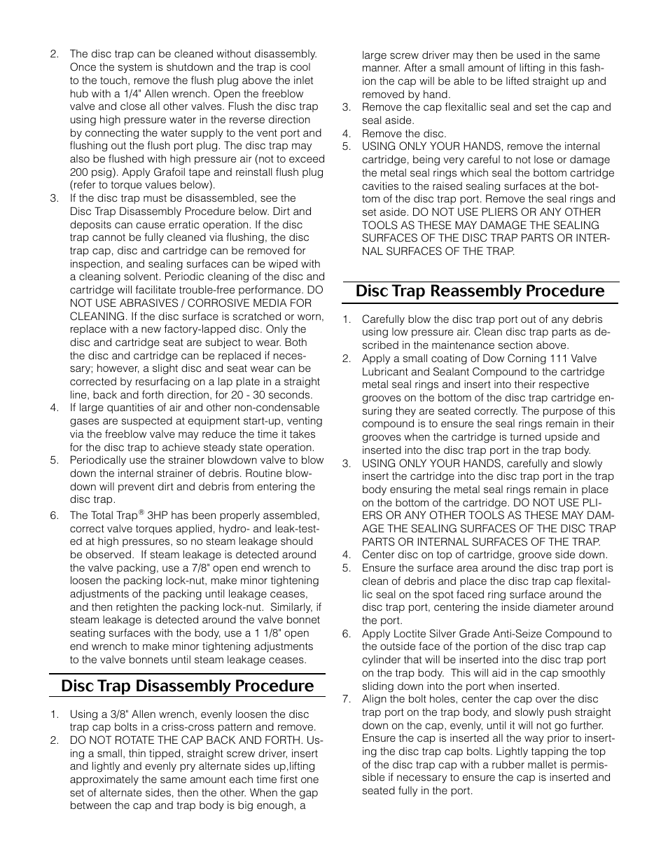 Disc trap disassembly procedure, Disc trap reassembly procedure | Bestobell Steam Total Trap 3HP User Manual | Page 2 / 4