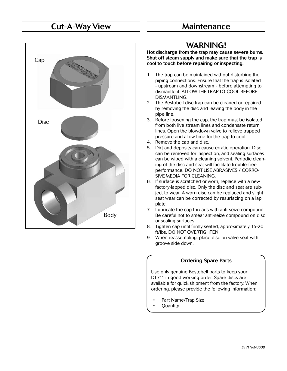 Cut-a-way view, Maintenance warning | Bestobell Steam DT711 Series Disc Trap User Manual | Page 2 / 2