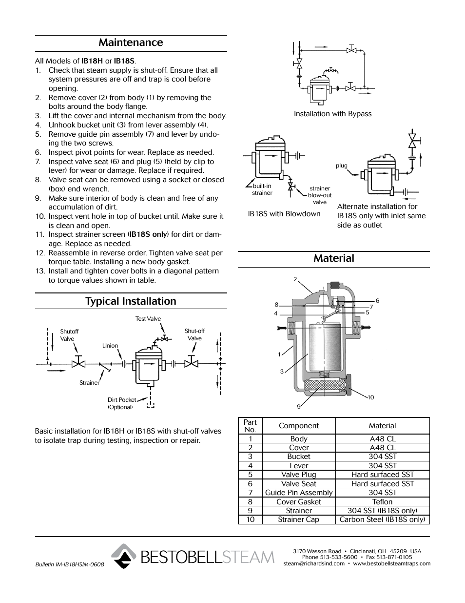 Material, Maintenance, Typical installation | Bestobell Steam IB18H Series Horizontal Bucket Trap User Manual | Page 2 / 2