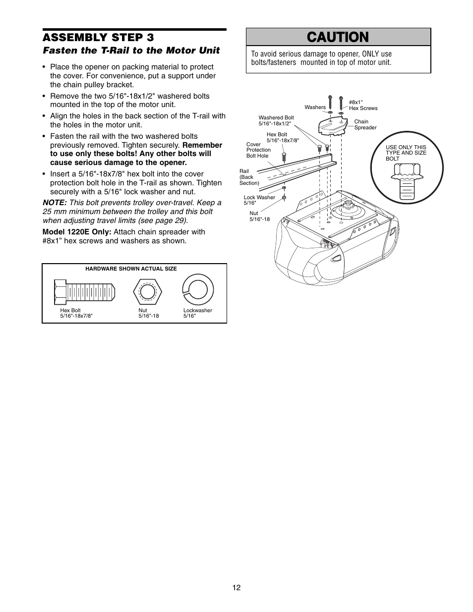 Warning caution warning warning, Assembly step 3 | Chamberlain 1220E FS2 User Manual | Page 12 / 80