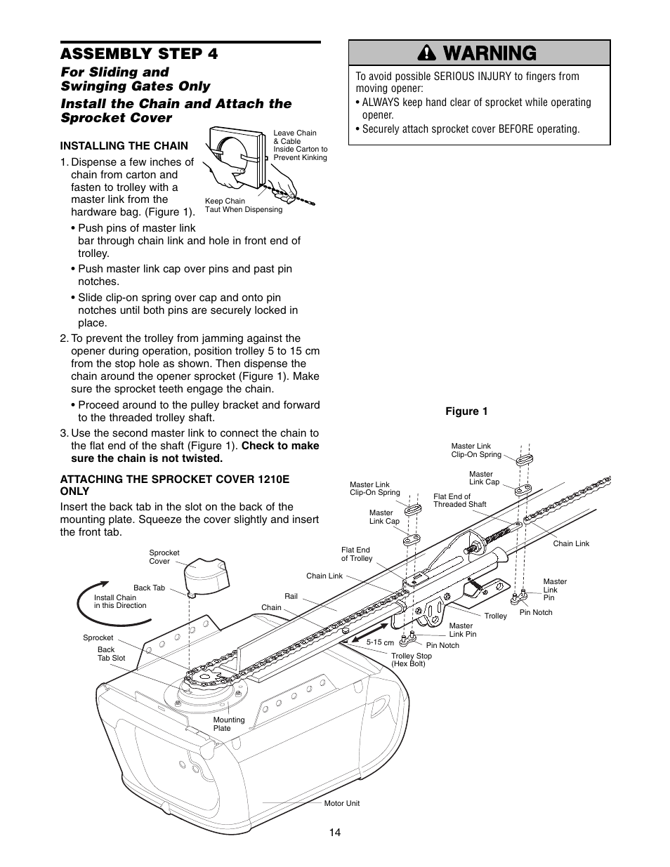 Warning caution warning warning, Assembly step 4 | Chamberlain 1220E FS2 User Manual | Page 14 / 80