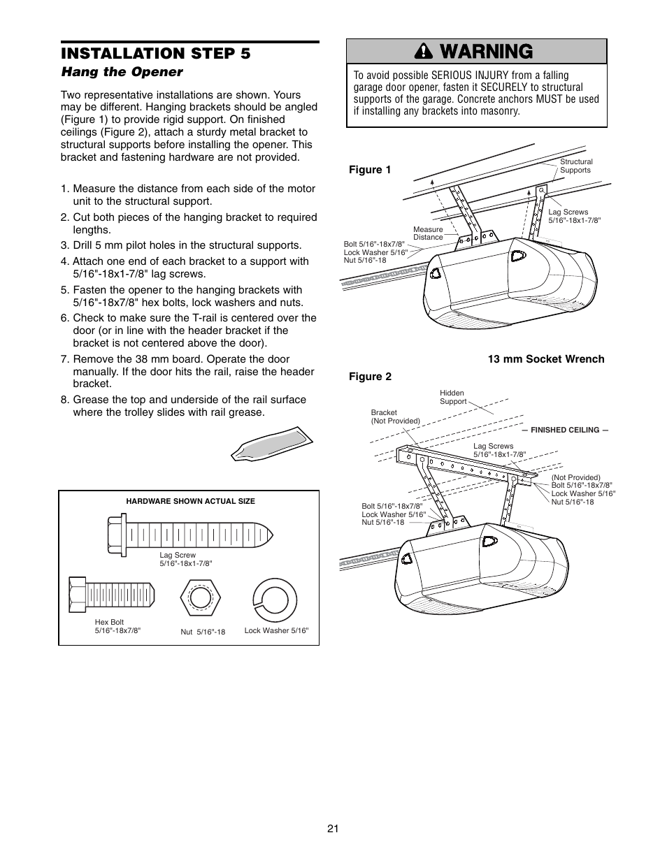 Installation step 5 - hang the opener, Warning caution warning warning, Installation step 5 | Chamberlain 1220E FS2 User Manual | Page 21 / 80
