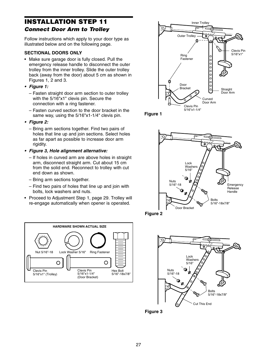 Installation step 11 - connect door arm to trolley, Installation step 11, Connect door arm to trolley | Chamberlain 1220E FS2 User Manual | Page 27 / 80