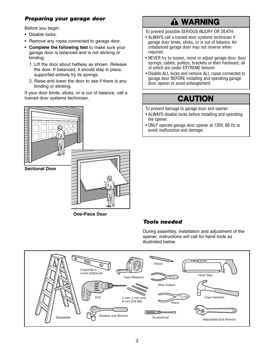 Preparing your garage door, Tools needed | Chamberlain 1220E FS2 User Manual | Page 3 / 80