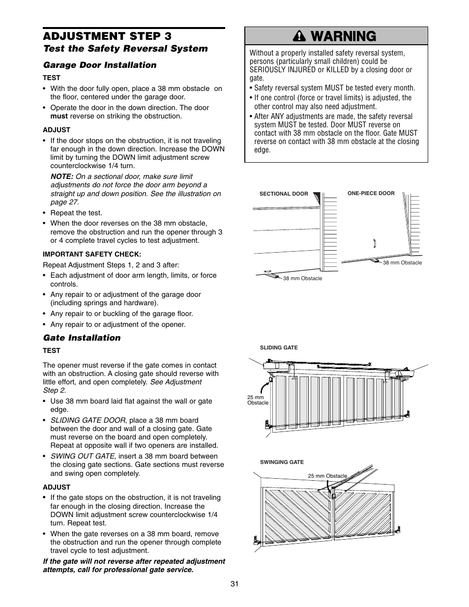 Warning caution warning warning, Adjustment step 3 | Chamberlain 1220E FS2 User Manual | Page 31 / 80