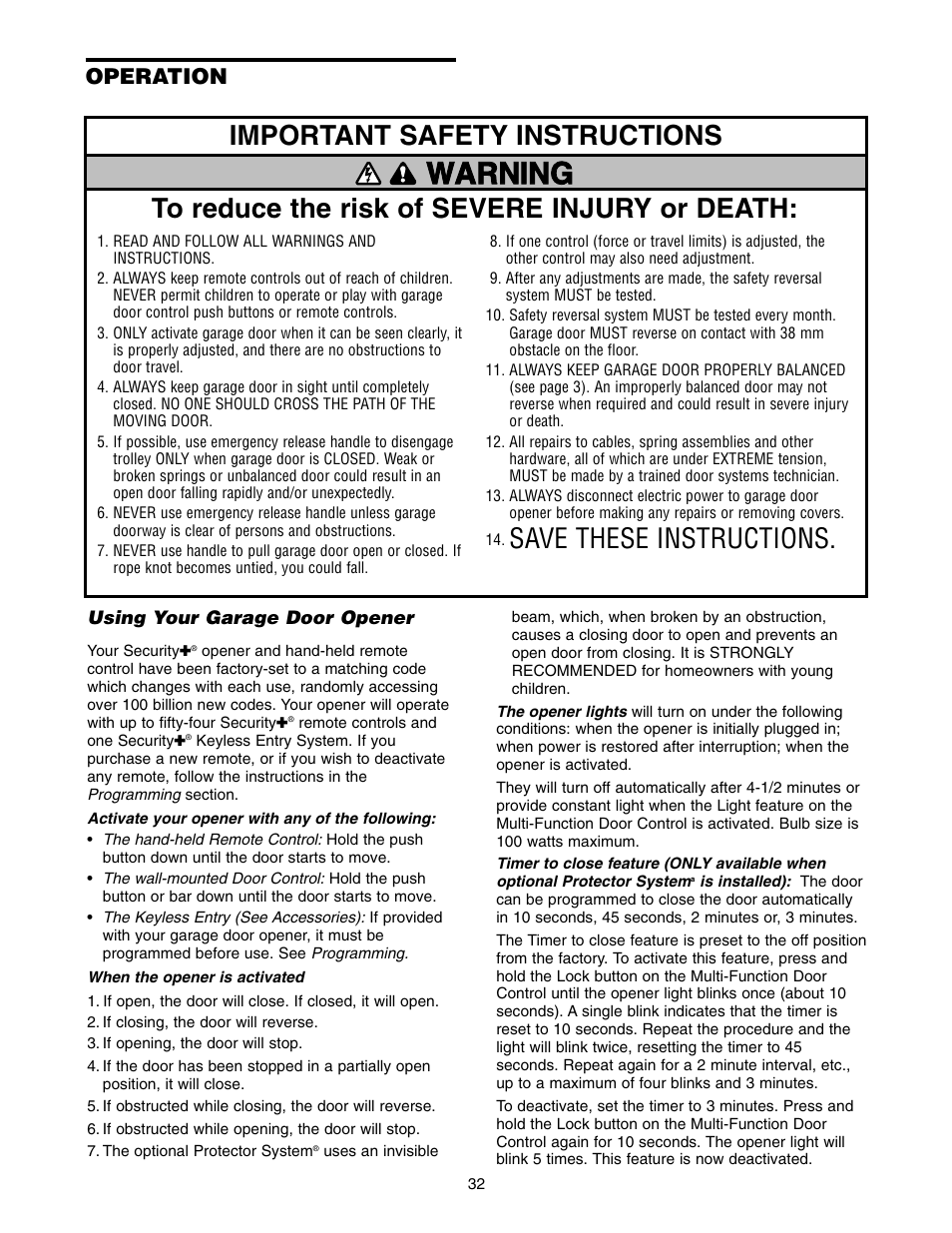 Operation, Warning, Important safety instructions | Chamberlain 1220E FS2 User Manual | Page 32 / 80