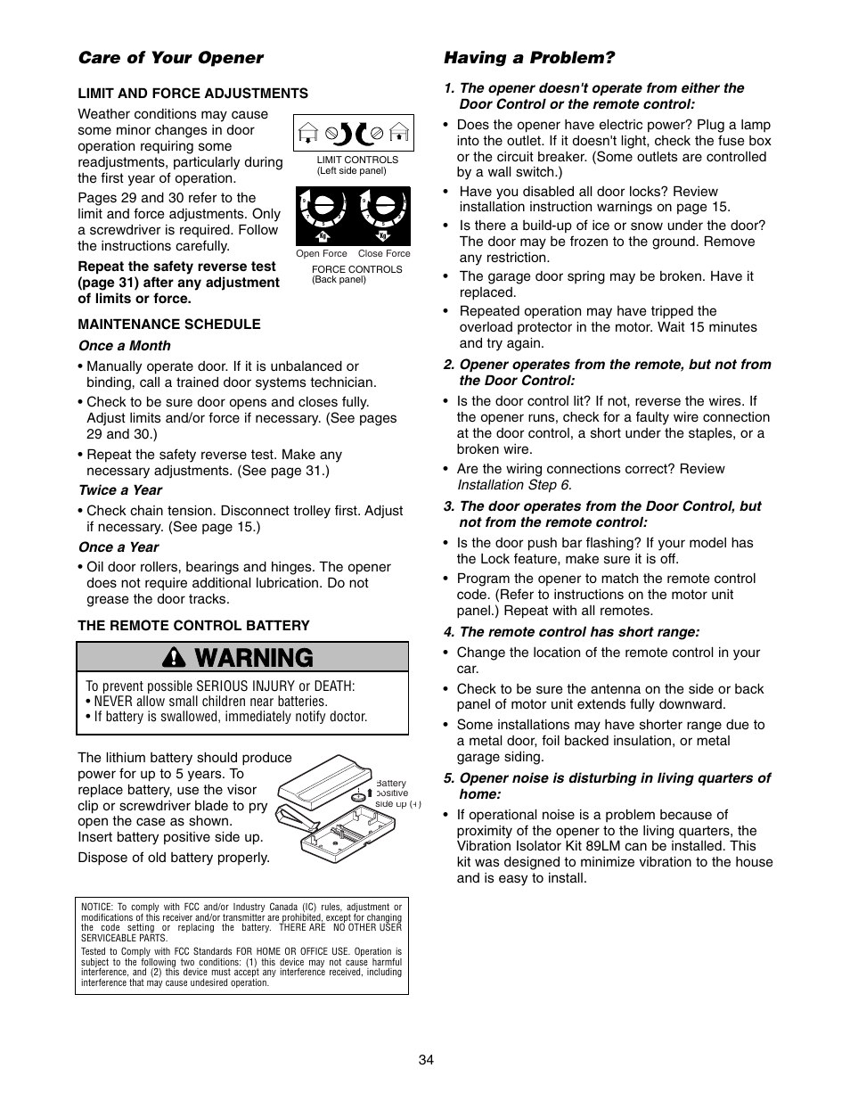 Care of your opener, Having a problem, Warning caution warning warning | Chamberlain 1220E FS2 User Manual | Page 34 / 80
