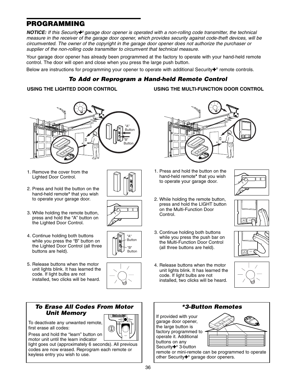 Programming, To add or reprogram a hand-held remote co, Button remotes | Chamberlain 1220E FS2 User Manual | Page 36 / 80