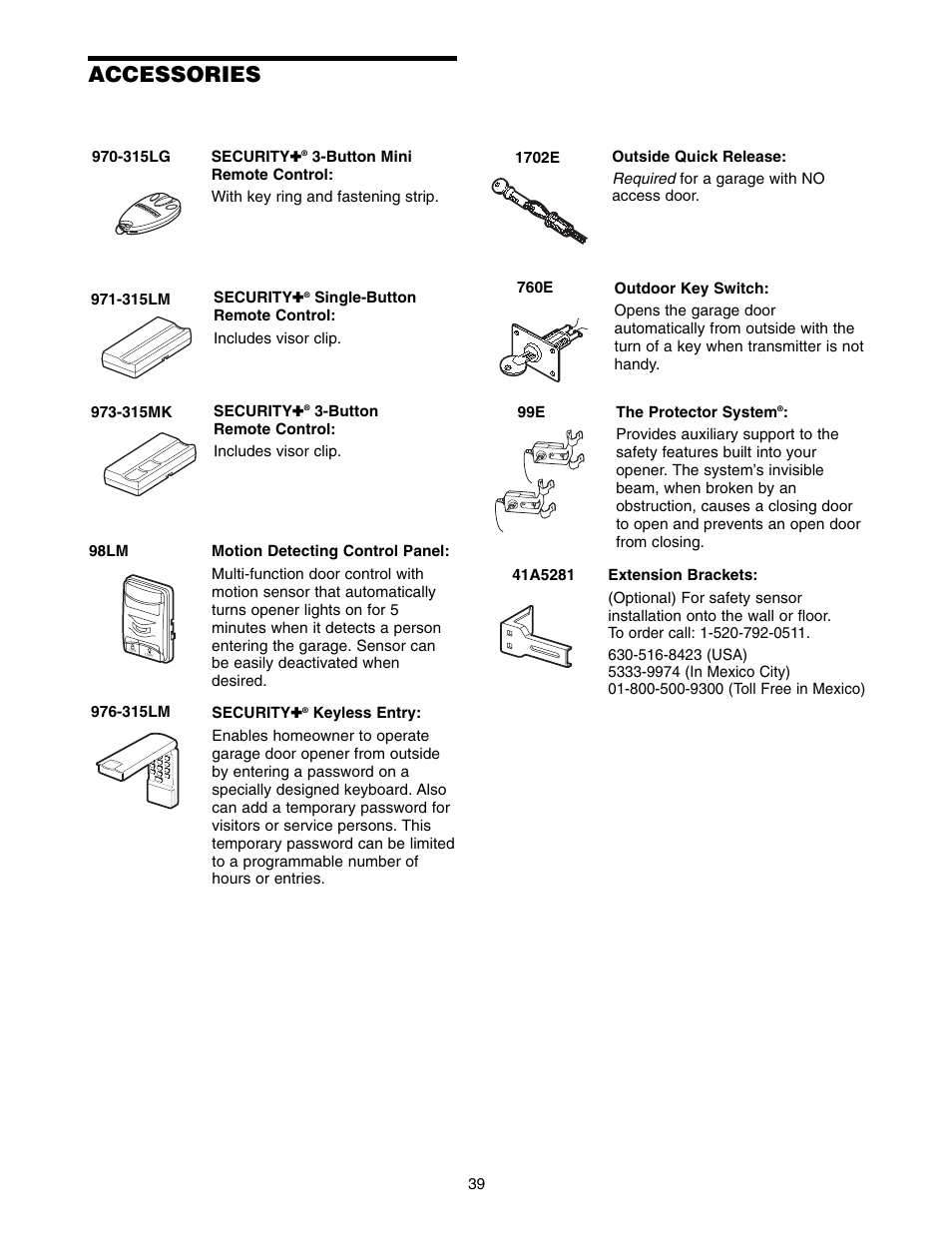 Accessories | Chamberlain 1220E FS2 User Manual | Page 39 / 80