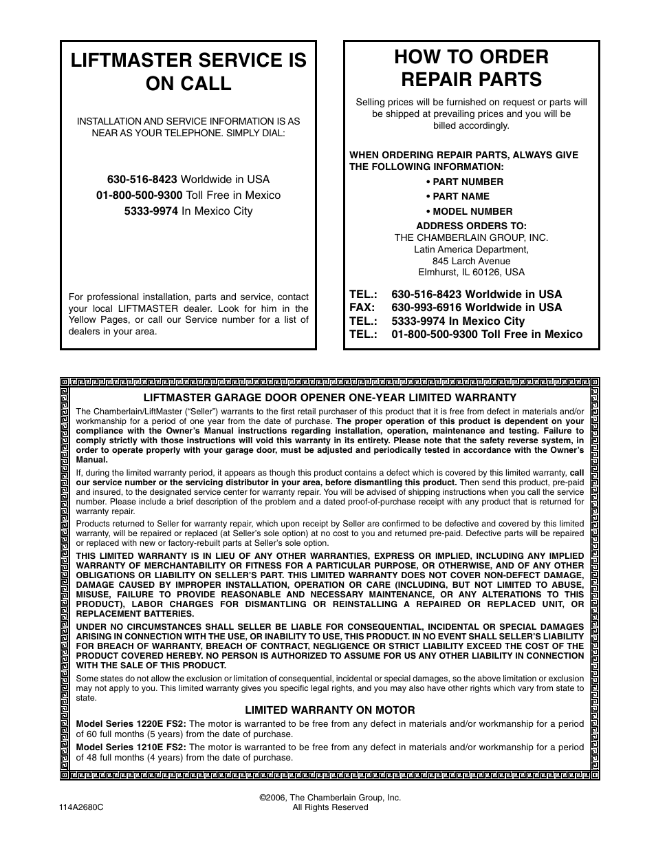 Warranty, Liftmaster service is on call, How to order repair parts | Chamberlain 1220E FS2 User Manual | Page 40 / 80