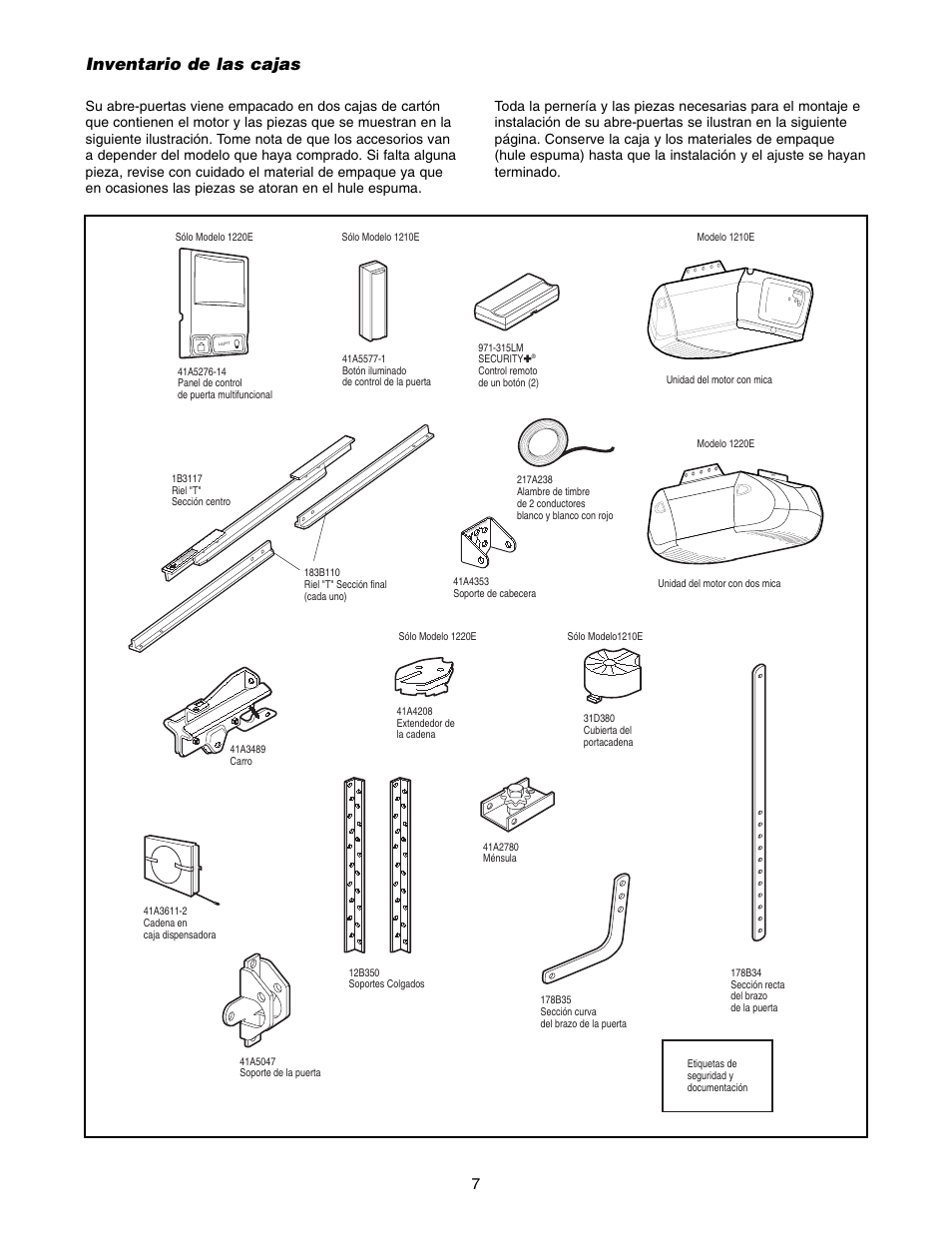 Inventario de las cajas | Chamberlain 1220E FS2 User Manual | Page 47 / 80