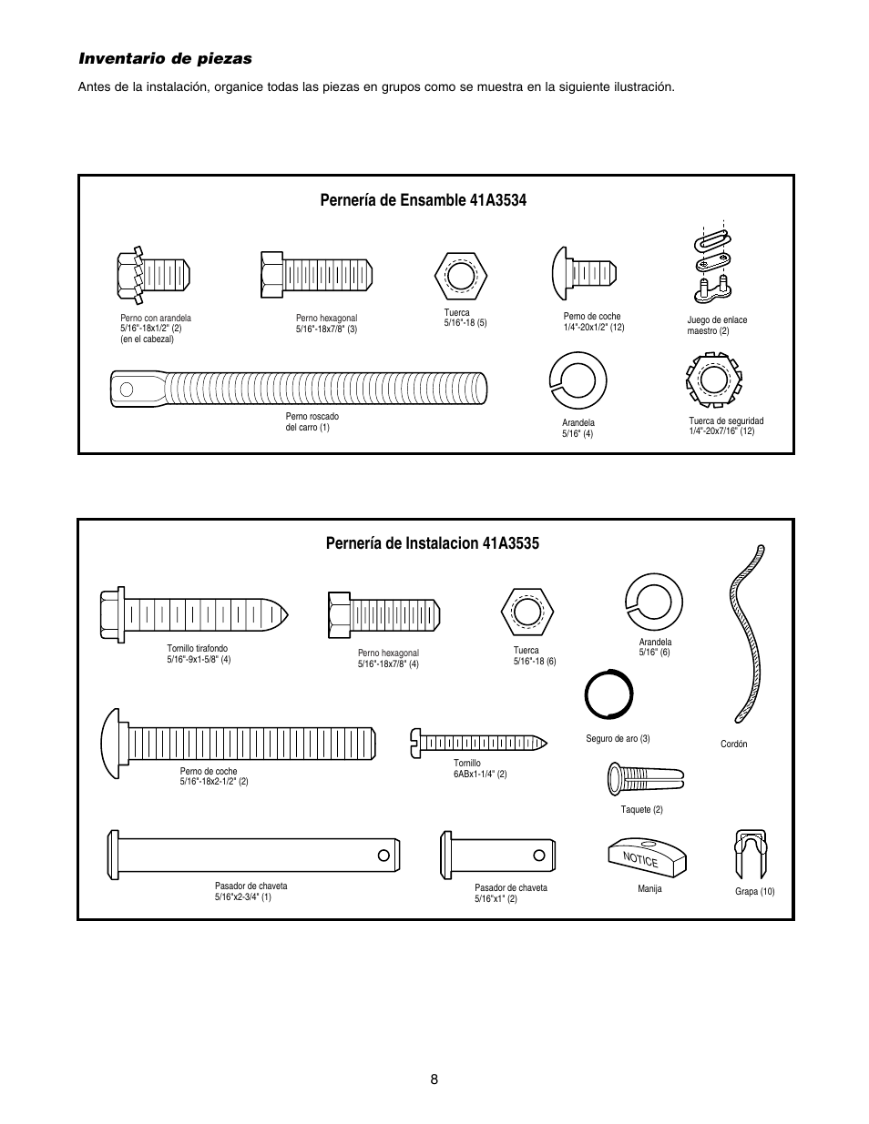 Inventario de piezas | Chamberlain 1220E FS2 User Manual | Page 48 / 80