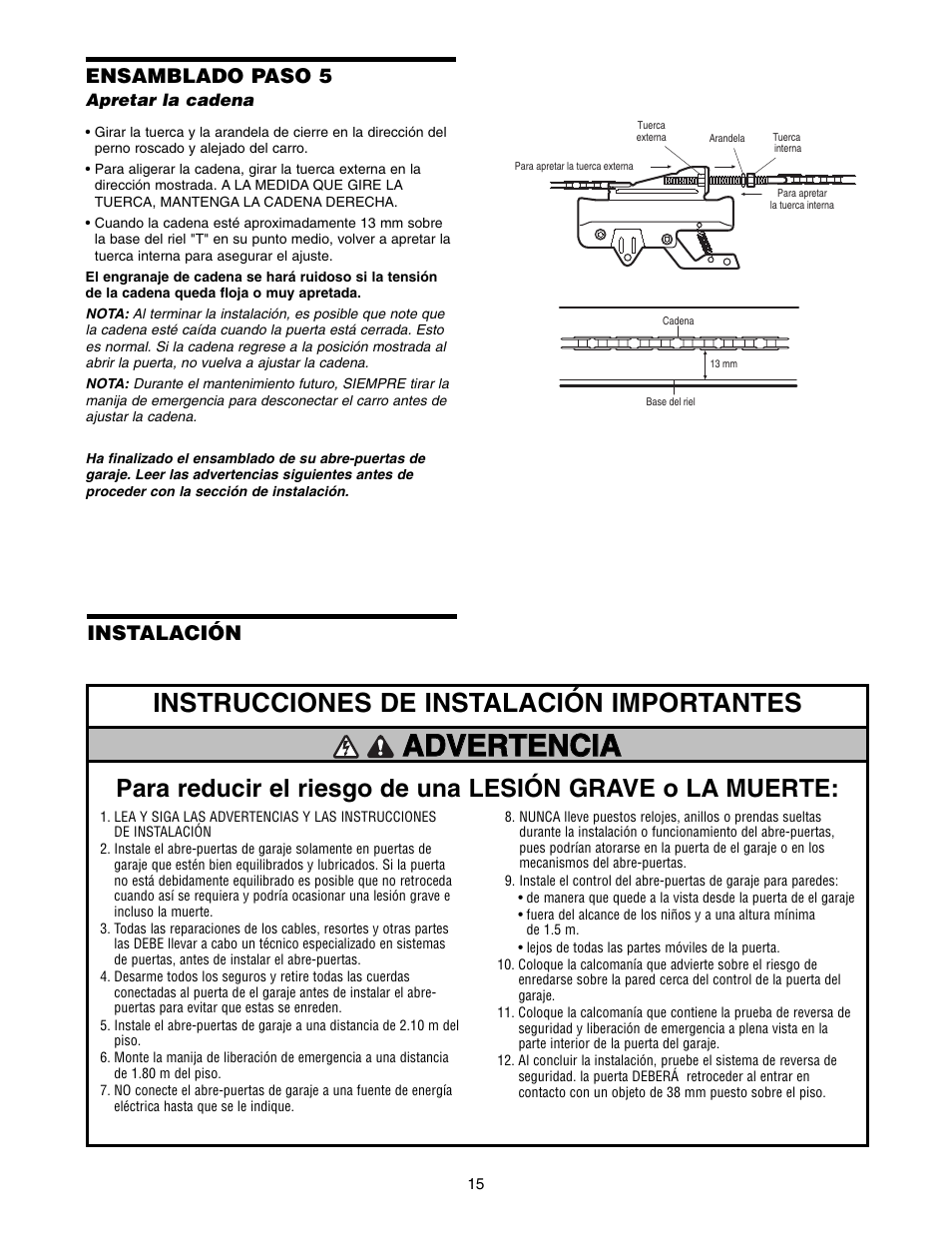 Advertencia, Instrucciones de instalación importantes, Ensamblado paso 5 | Instalación | Chamberlain 1220E FS2 User Manual | Page 55 / 80