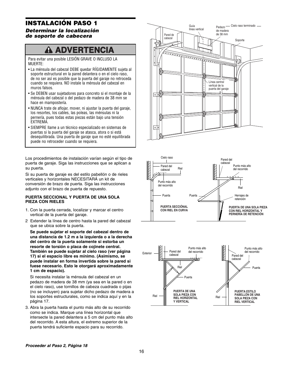Instalación paso 1, Determinar la localización de soporte de cabecera | Chamberlain 1220E FS2 User Manual | Page 56 / 80
