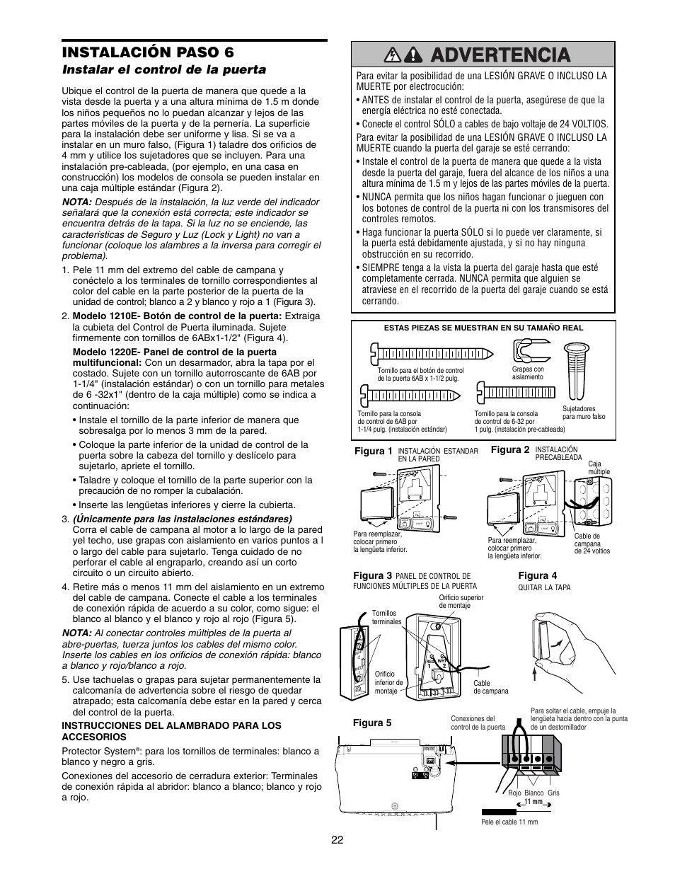 Instalación paso 6, Instalar el control de la puerta | Chamberlain 1220E FS2 User Manual | Page 62 / 80