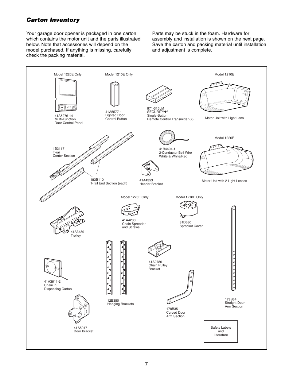 Carton inventory | Chamberlain 1220E FS2 User Manual | Page 7 / 80