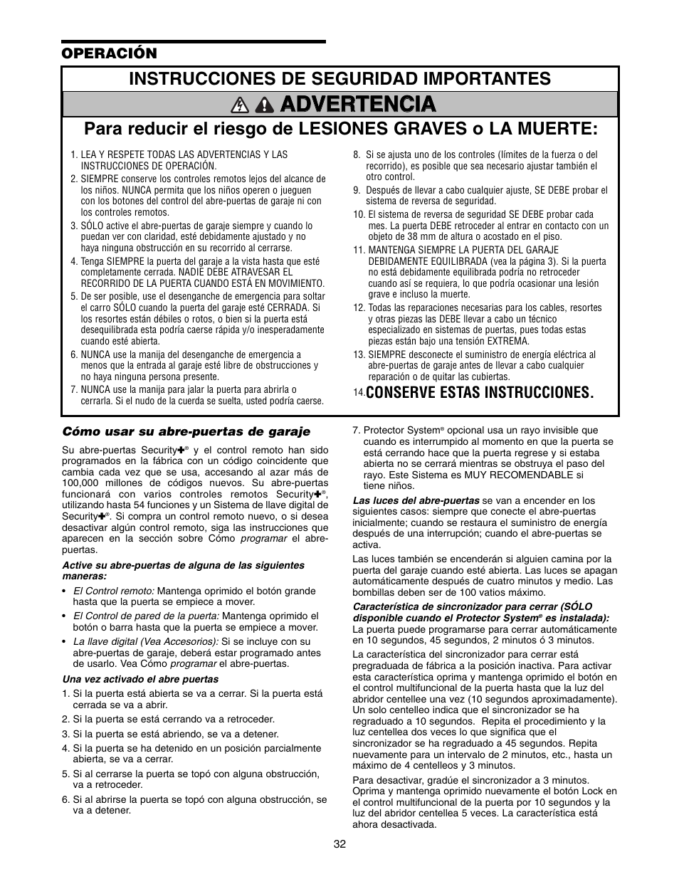 Advertencia, Conserve estas instrucciones, Operación | Chamberlain 1220E FS2 User Manual | Page 72 / 80