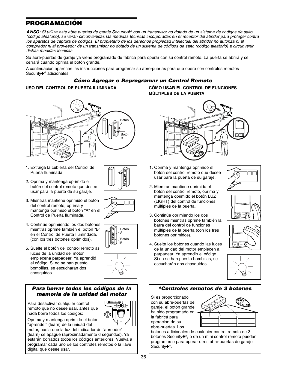 Programación, Controles remotos de 3 botones, Cómo agregar o reprogramar un control remoto | Chamberlain 1220E FS2 User Manual | Page 76 / 80