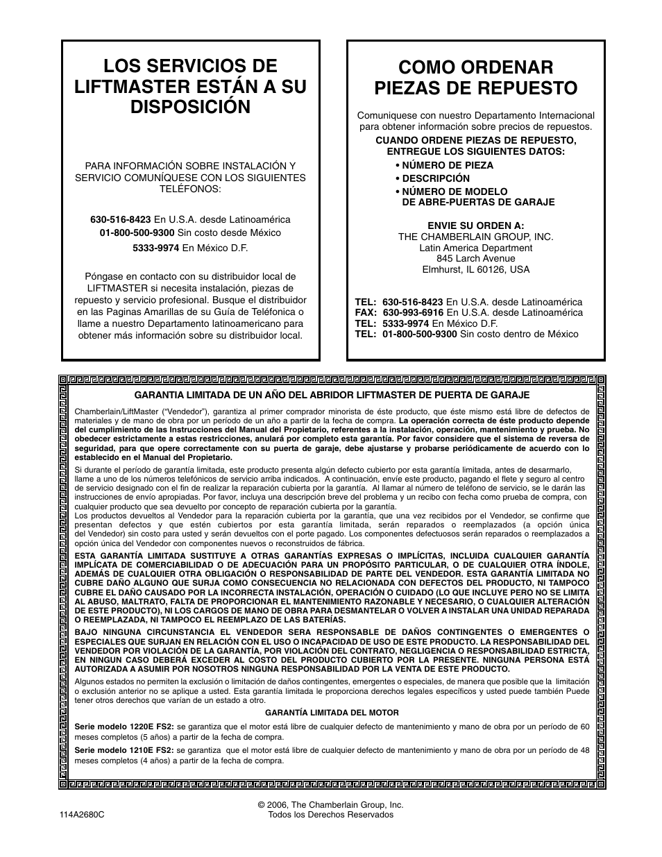 Los servicios de liftmaster están a su disposición, Como ordenar piezas de repuesto | Chamberlain 1220E FS2 User Manual | Page 80 / 80