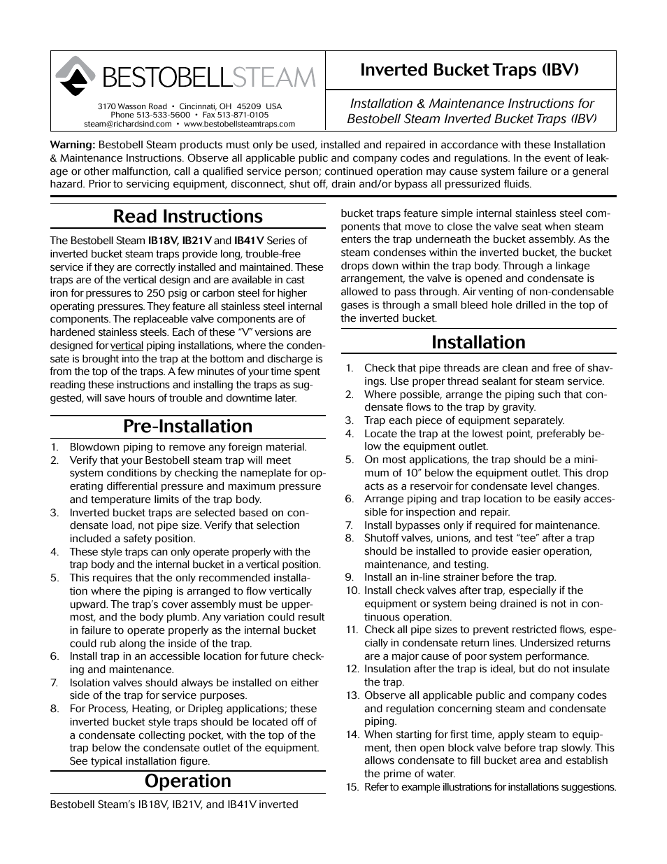 Bestobell Steam IB18V Series Vertical Bucket Trap User Manual | 2 pages