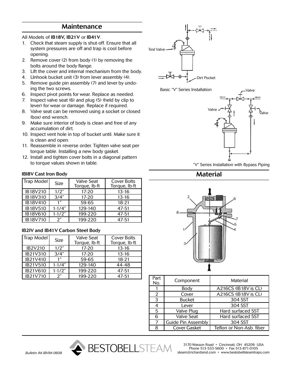 Material, Maintenance | Bestobell Steam IB18V Series Vertical Bucket Trap User Manual | Page 2 / 2