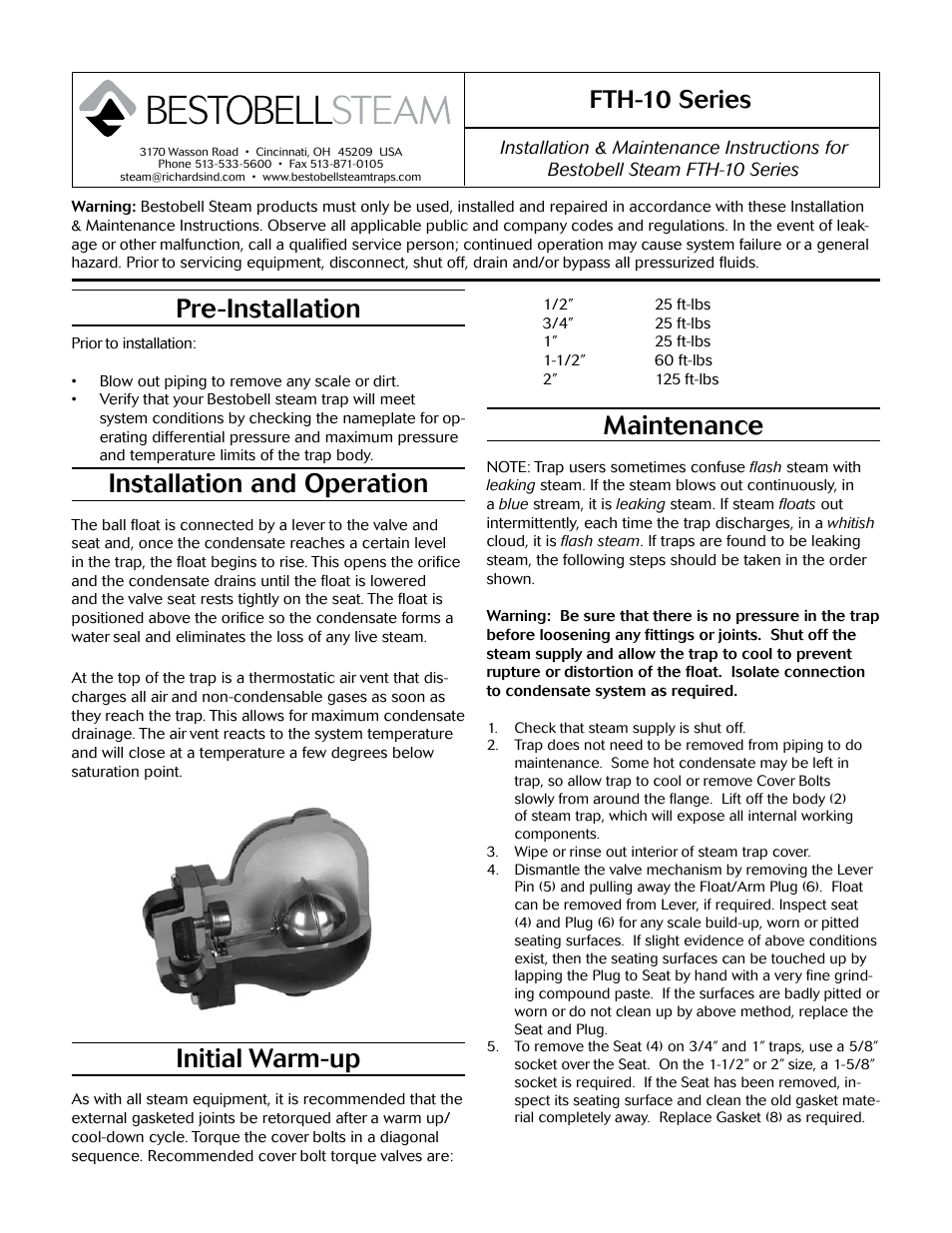 Bestobell Steam FTH-10 Series Float & Thermostatic Trap User Manual | 2 pages