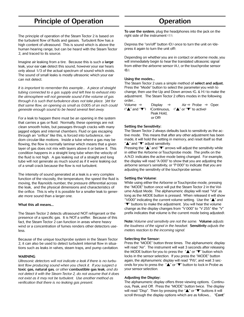 Principle of operation, Operation | Bestobell Steam Steam-Tector 2 Leak Detection User Manual | Page 2 / 4