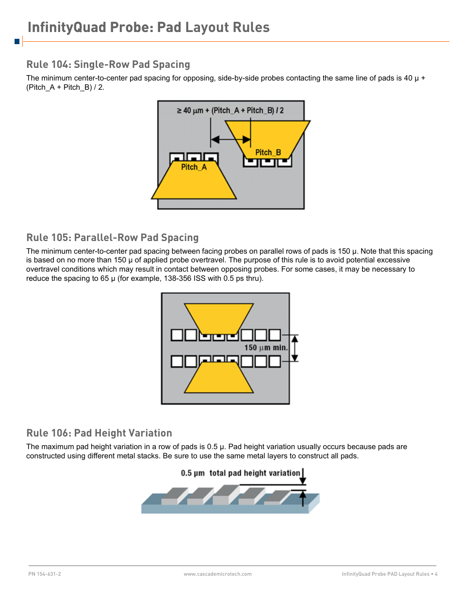 Rule 104: single-row pad spacing, Rule 105: parallel-row pad spacing, Rule 106: pad height variation | Cascade Microtech InfinityQuad Probe Pad Layout Rules User Manual | Page 4 / 6