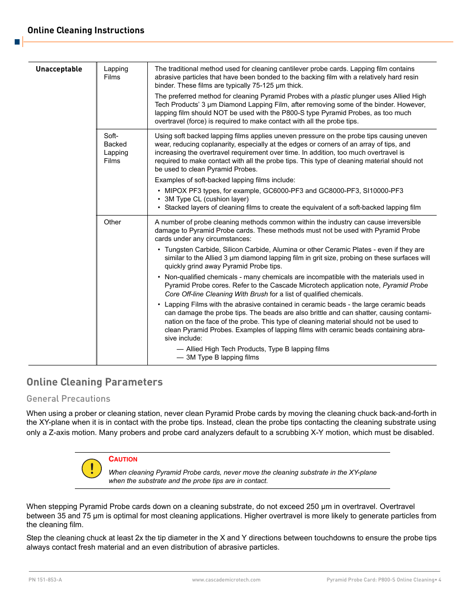 Online cleaning parameters, General precautions | Cascade Microtech P800-S User Manual | Page 4 / 8