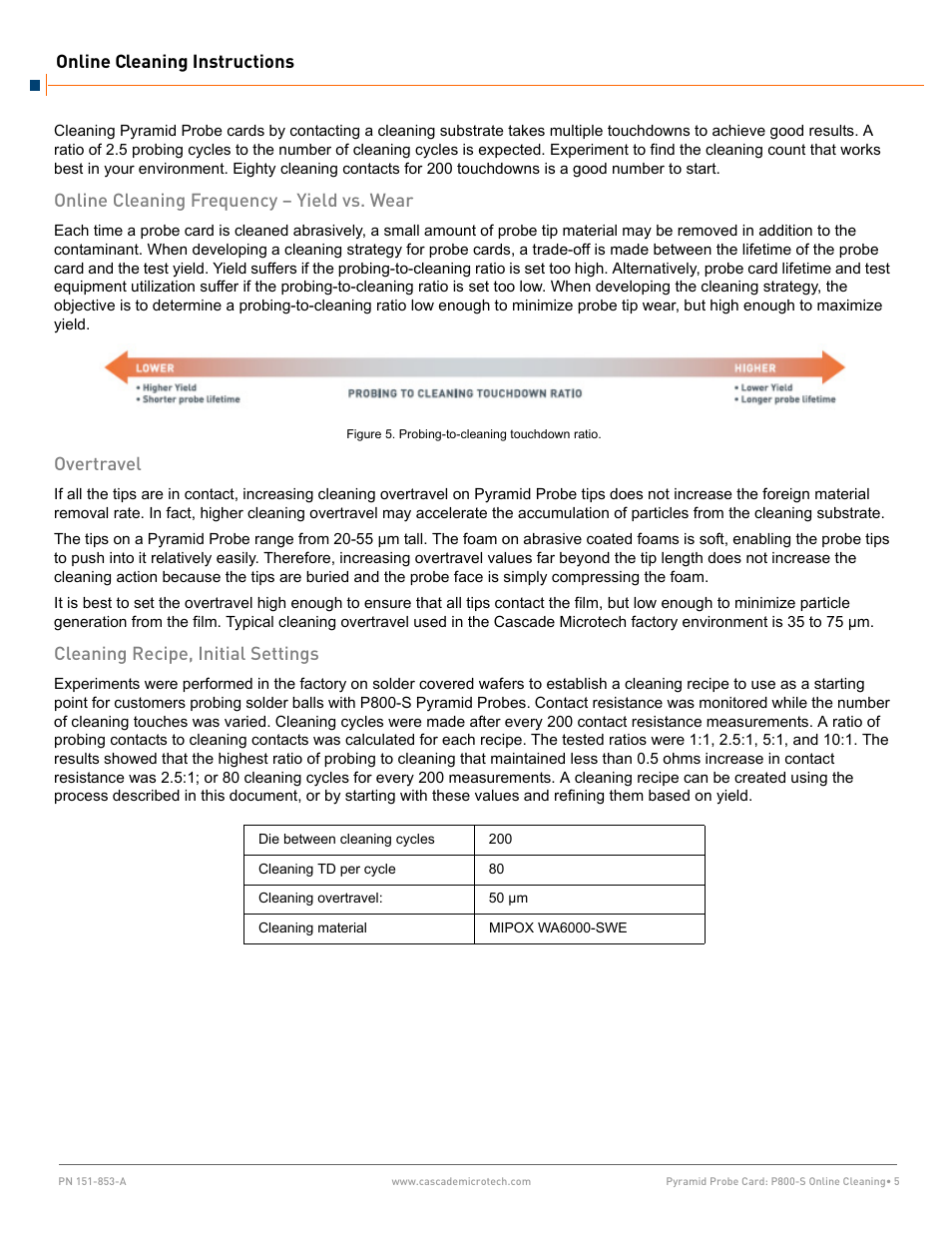 Online cleaning frequency – yield vs. wear, Overtravel, Cleaning recipe, initial settings | Online cleaning instructions | Cascade Microtech P800-S User Manual | Page 5 / 8