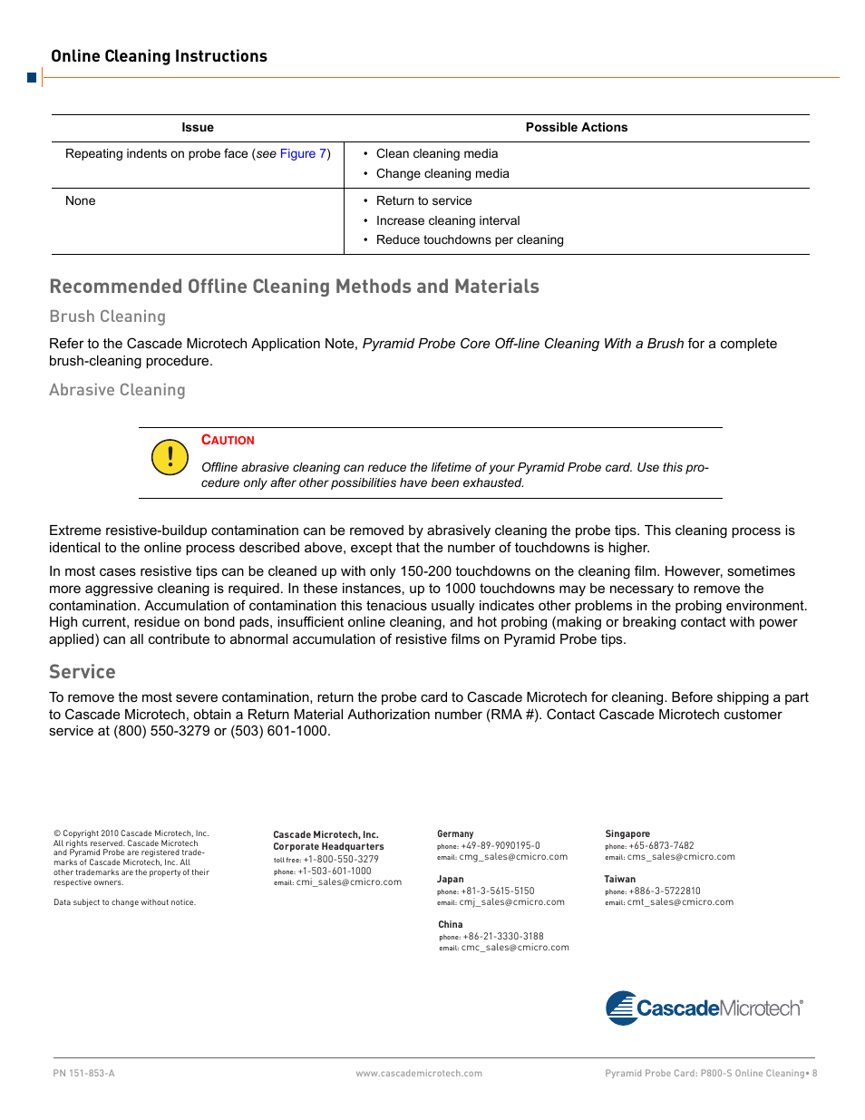 Recommended offline cleaning methods and materials, Brush cleaning, Abrasive cleaning | Service, Online cleaning instructions | Cascade Microtech P800-S User Manual | Page 8 / 8