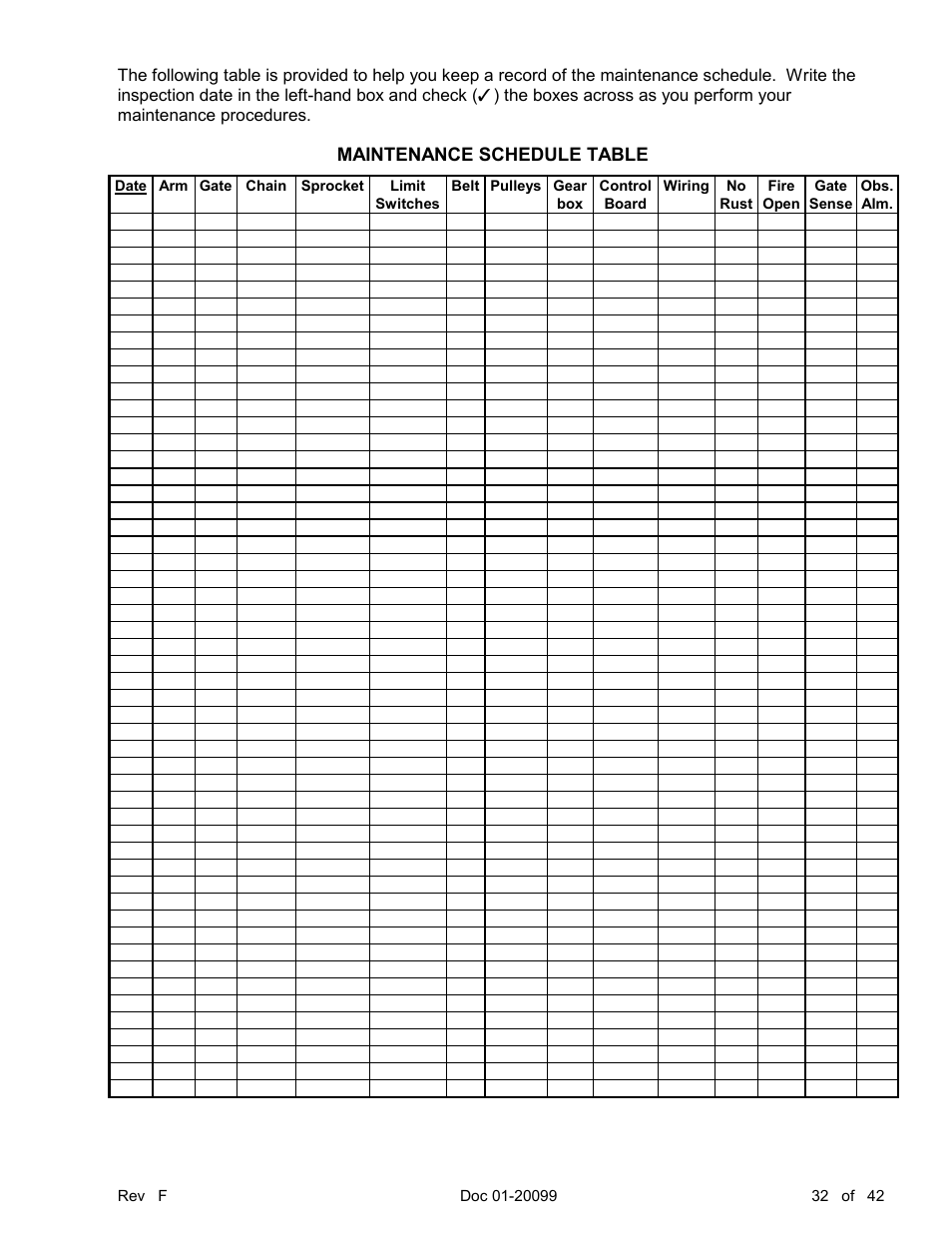 Maintenance schedule table | Chamberlain ESTATE SERIES SW 2000-X3 User Manual | Page 38 / 48