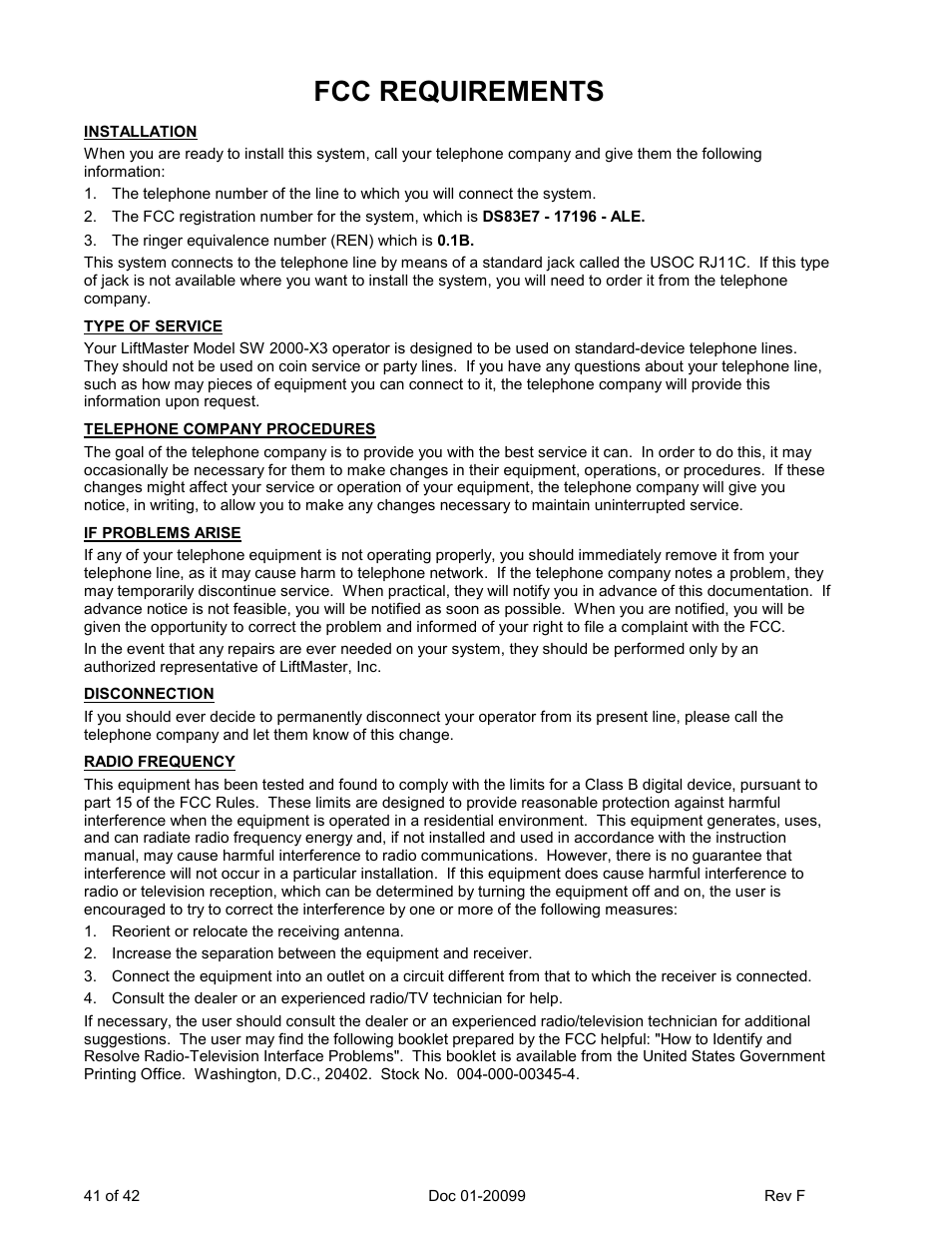 Fcc requirements | Chamberlain ESTATE SERIES SW 2000-X3 User Manual | Page 47 / 48