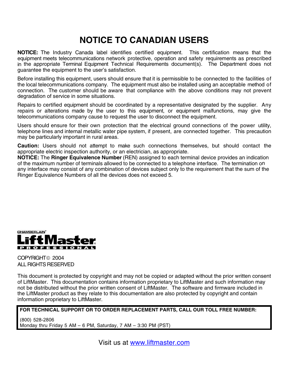 Notice to canadian users | Chamberlain ESTATE SERIES SW 2000-X3 User Manual | Page 48 / 48