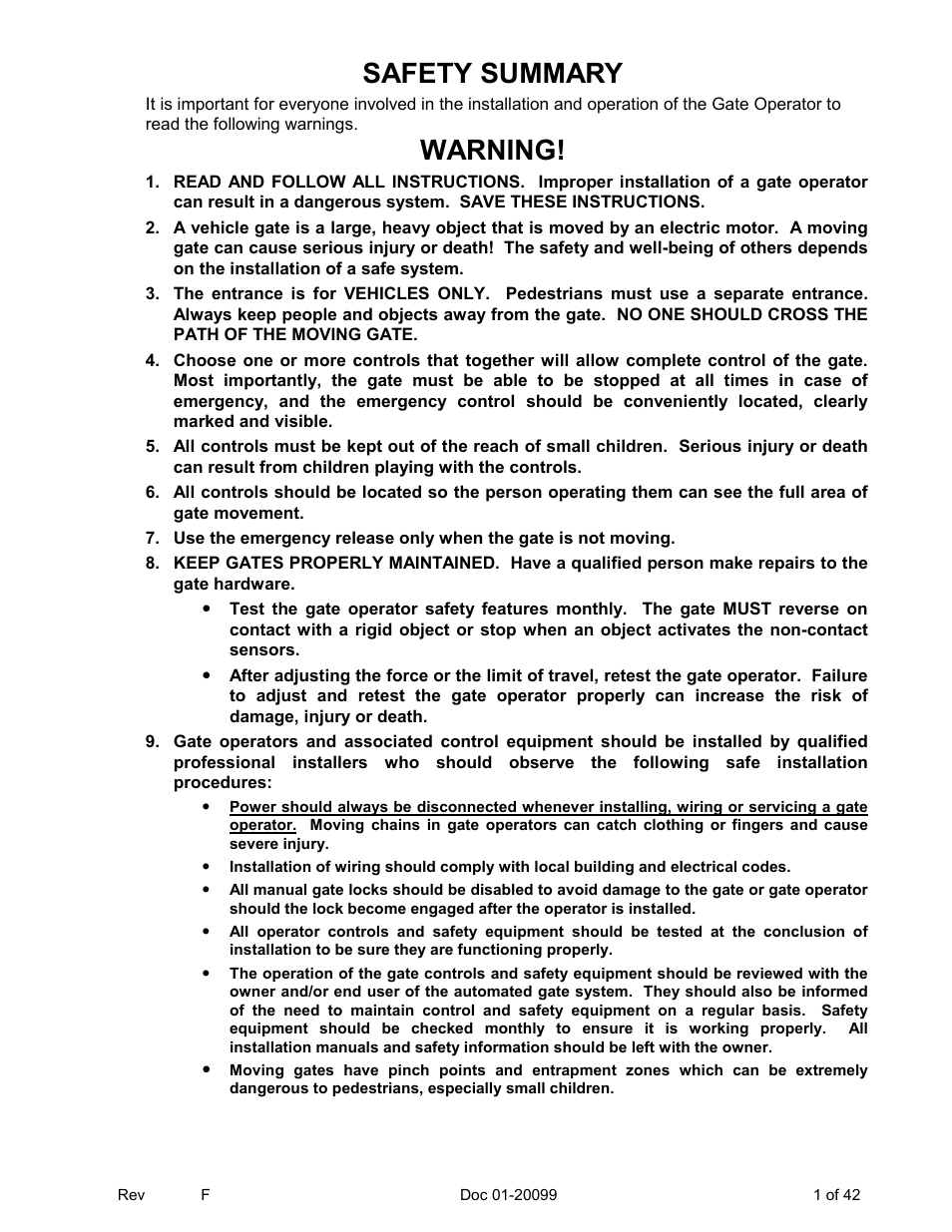 Safety summary, Warning | Chamberlain ESTATE SERIES SW 2000-X3 User Manual | Page 7 / 48