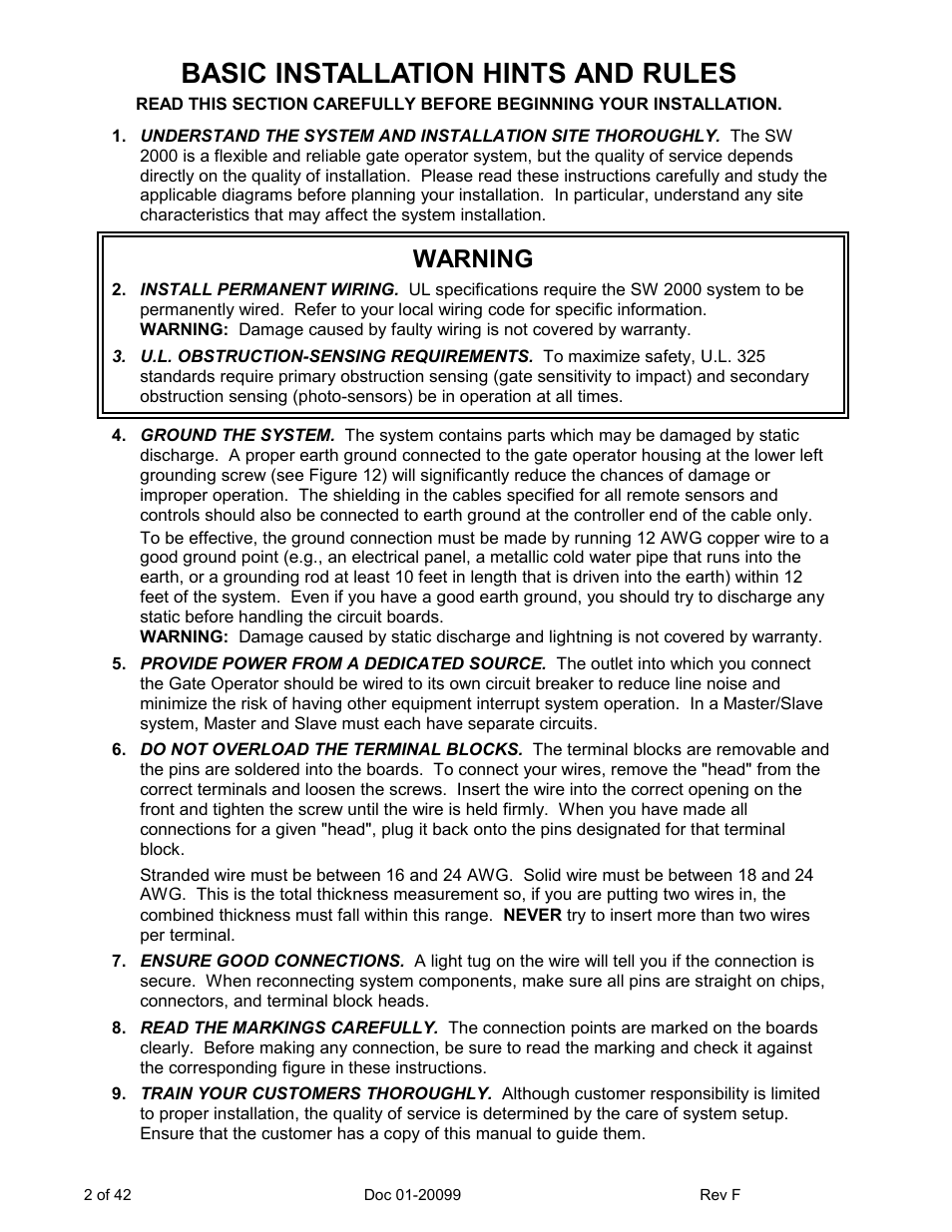 Basic installation hints and rules, Warning | Chamberlain ESTATE SERIES SW 2000-X3 User Manual | Page 8 / 48