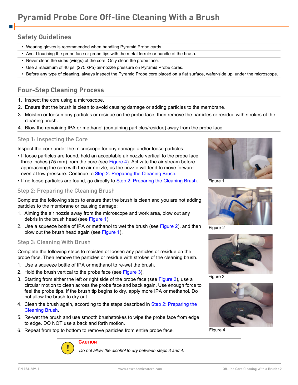 Pyramid probe core off-line cleaning with a brush, Safety guidelines four-step cleaning process | Cascade Microtech Pyramid Probes User Manual | Page 2 / 3