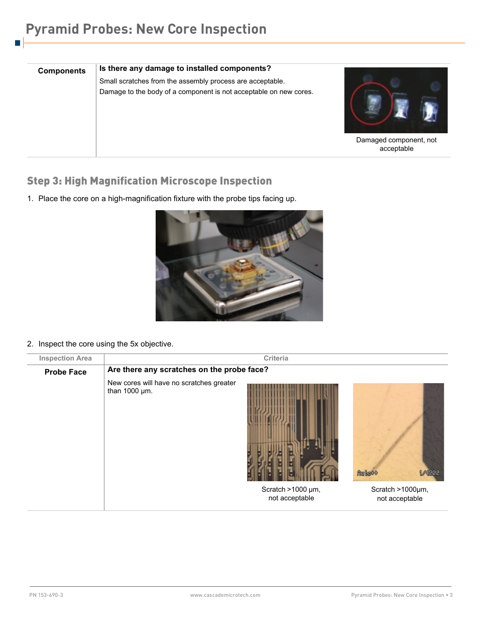 Step 3: high magnification microscope inspection, Pyramid probes: new core inspection | Cascade Microtech Pyramid Probes User Manual | Page 3 / 10