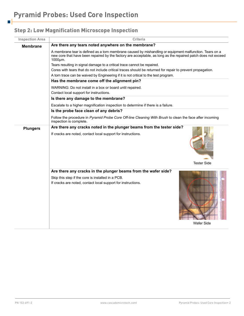 Step 2: low magnification microscope inspection, Pyramid probes: used core inspection | Cascade Microtech Pyramid Probes User Manual | Page 2 / 8