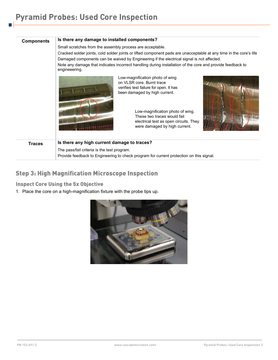 Step 3: high magnification microscope inspection, Inspect core using the 5x objective, Pyramid probes: used core inspection | Cascade Microtech Pyramid Probes User Manual | Page 3 / 8