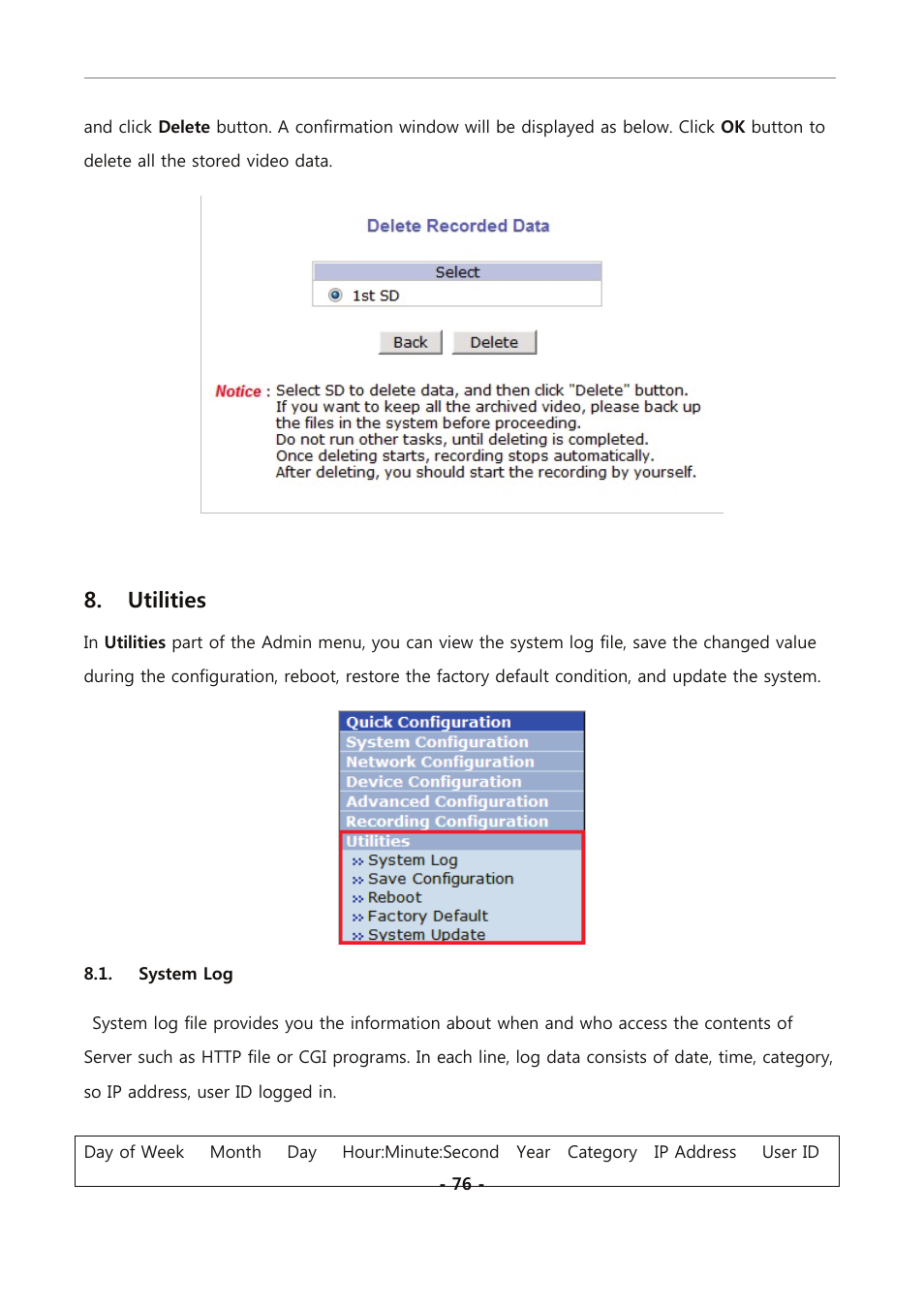 Utilities, System log | Eneo PXC-2080CS User Manual | Page 131 / 141
