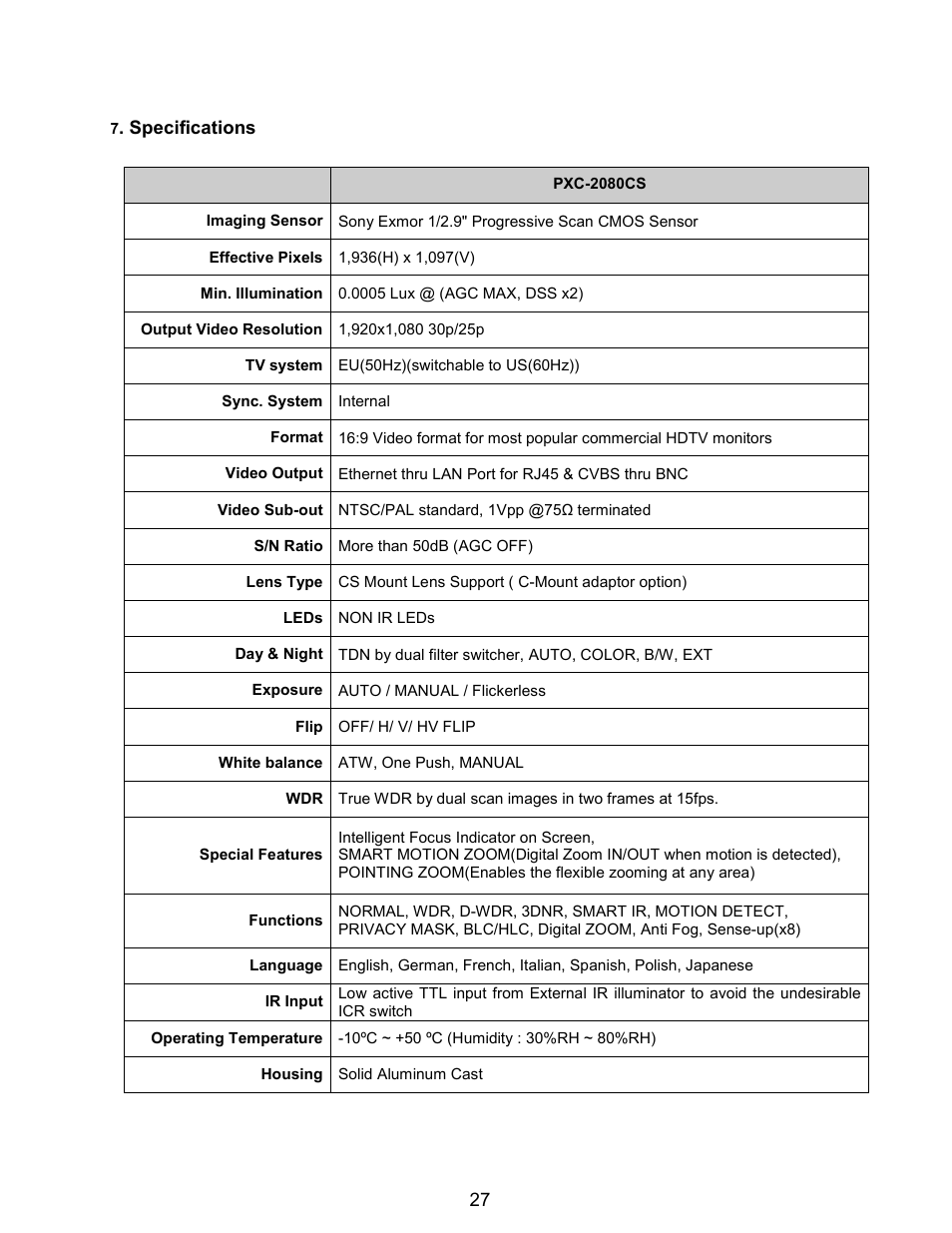 Specifications | Eneo PXC-2080CS User Manual | Page 28 / 141